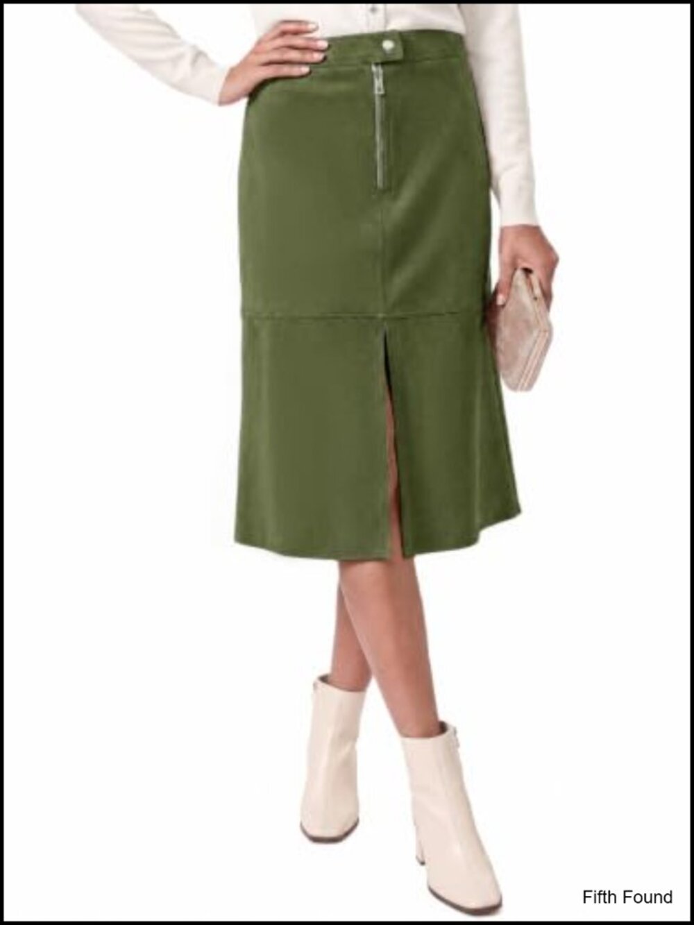 Faux Suede Midi Skirt High Waist A-Line Slit Zip Vintage Women's